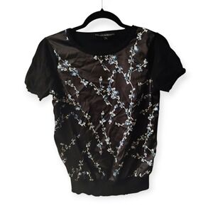 White House Black Market Black Satin Top with Blue Floral Design